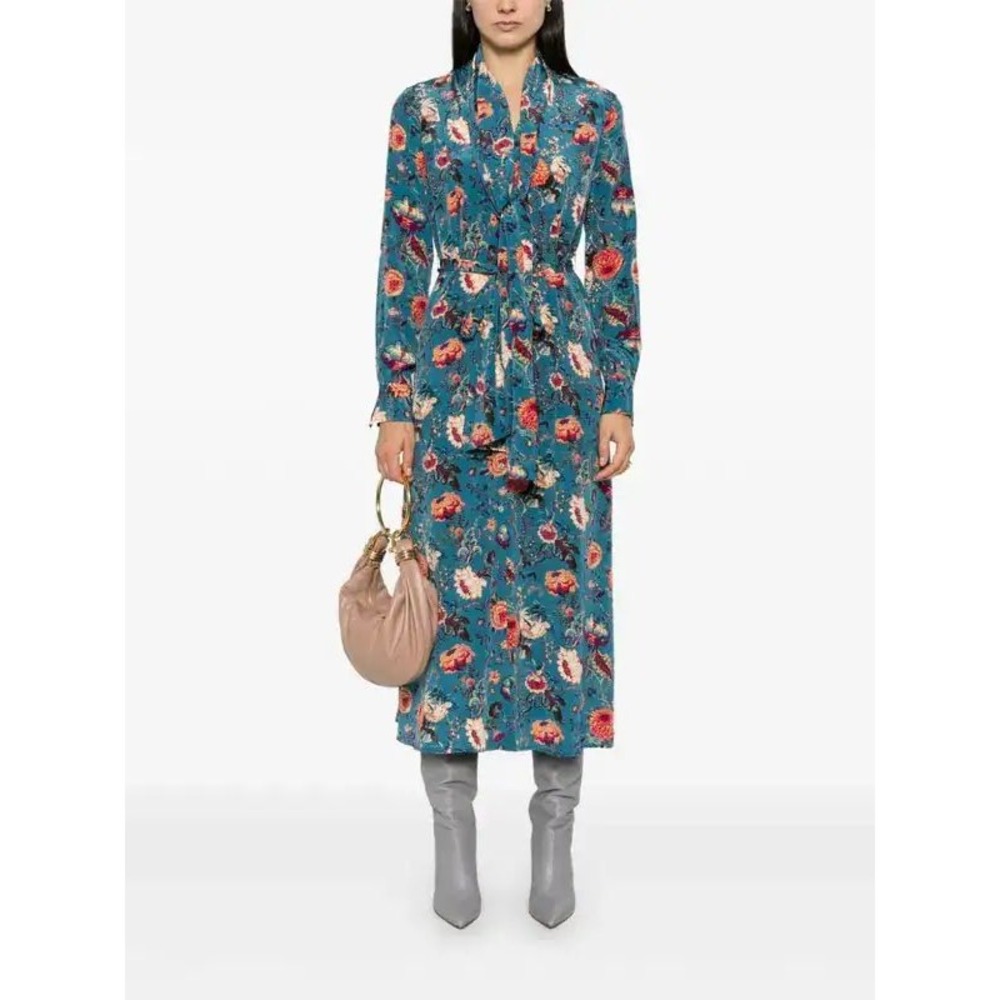 Ulla Johnson Womens Anisa Midi Dress 6 100% Silk Floral Teal Blue Tie Neck LS